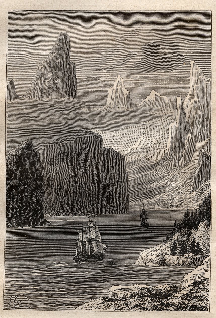 Tercer viaje (1776-1779) del Capitán James Cook (1728-1779): Entrada del Príncipe William (Alaska) - ilustración tomada de "Los Grandes Navegantes del siglo XVIII" de Unknown artist