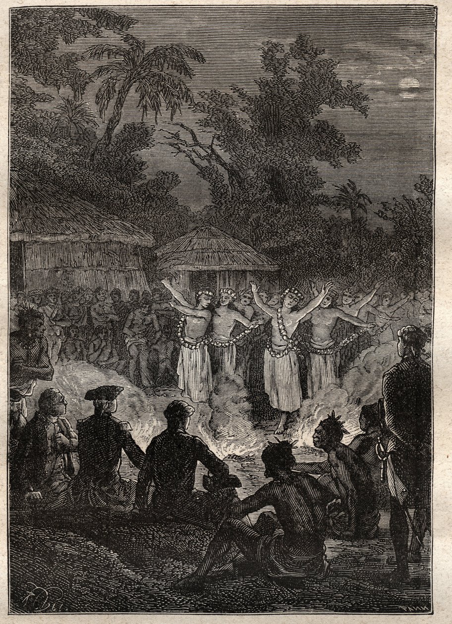 Tercer viaje (1776-1779) del Capitán James Cook (1728-1779): una fiesta en las islas de los Amigos (Reino de Tonga, Polinesia) - ilustración tomada de “Los grandes marineros del siglo XVIII” de Unknown artist