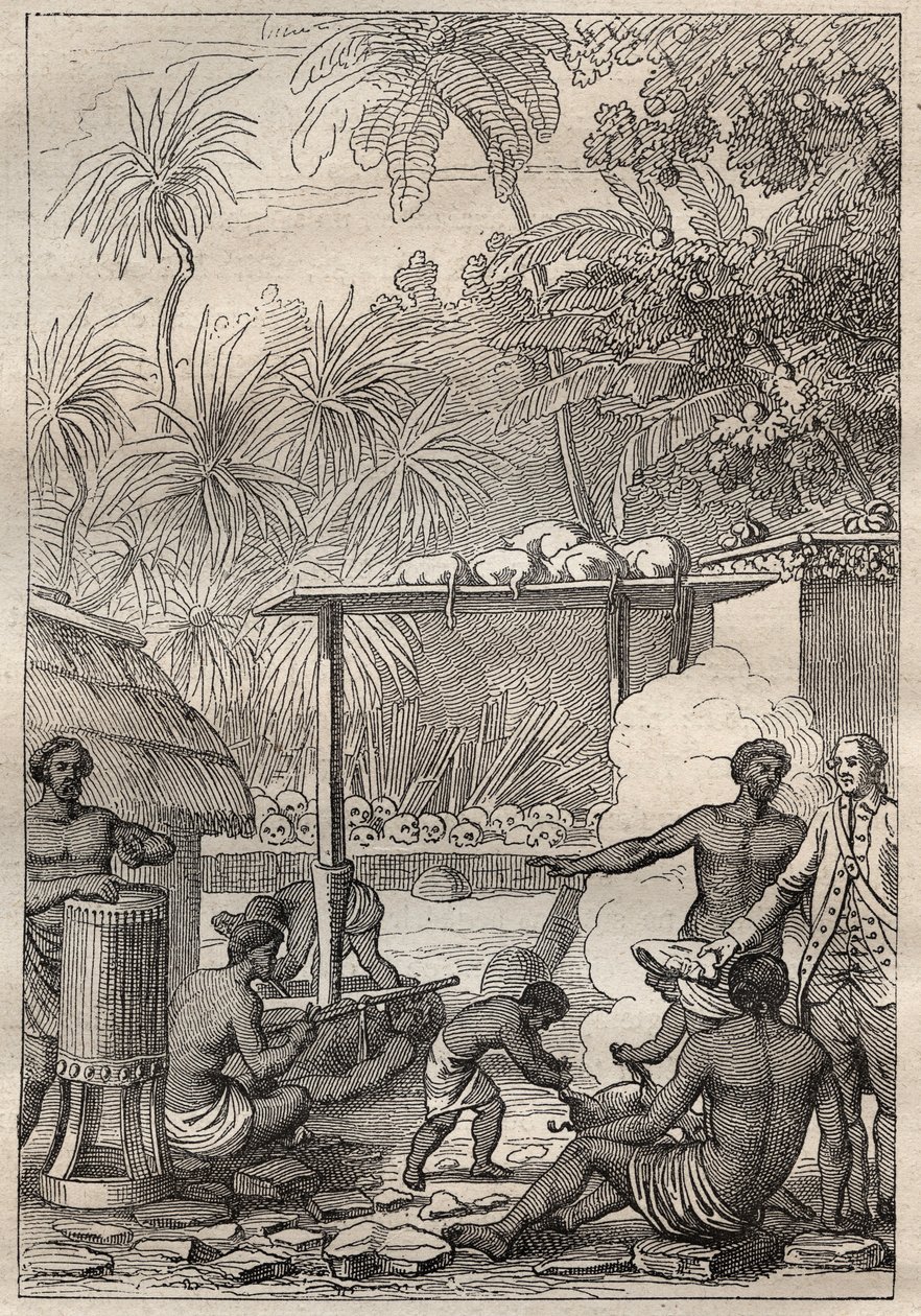 Tercer viaje (1776-1779) del Capitán James Cook (1728-1779): sacrificio humano en Tahití - ilustración tomada de "Los Grandes Marineros del siglo XVIII" de Unknown artist