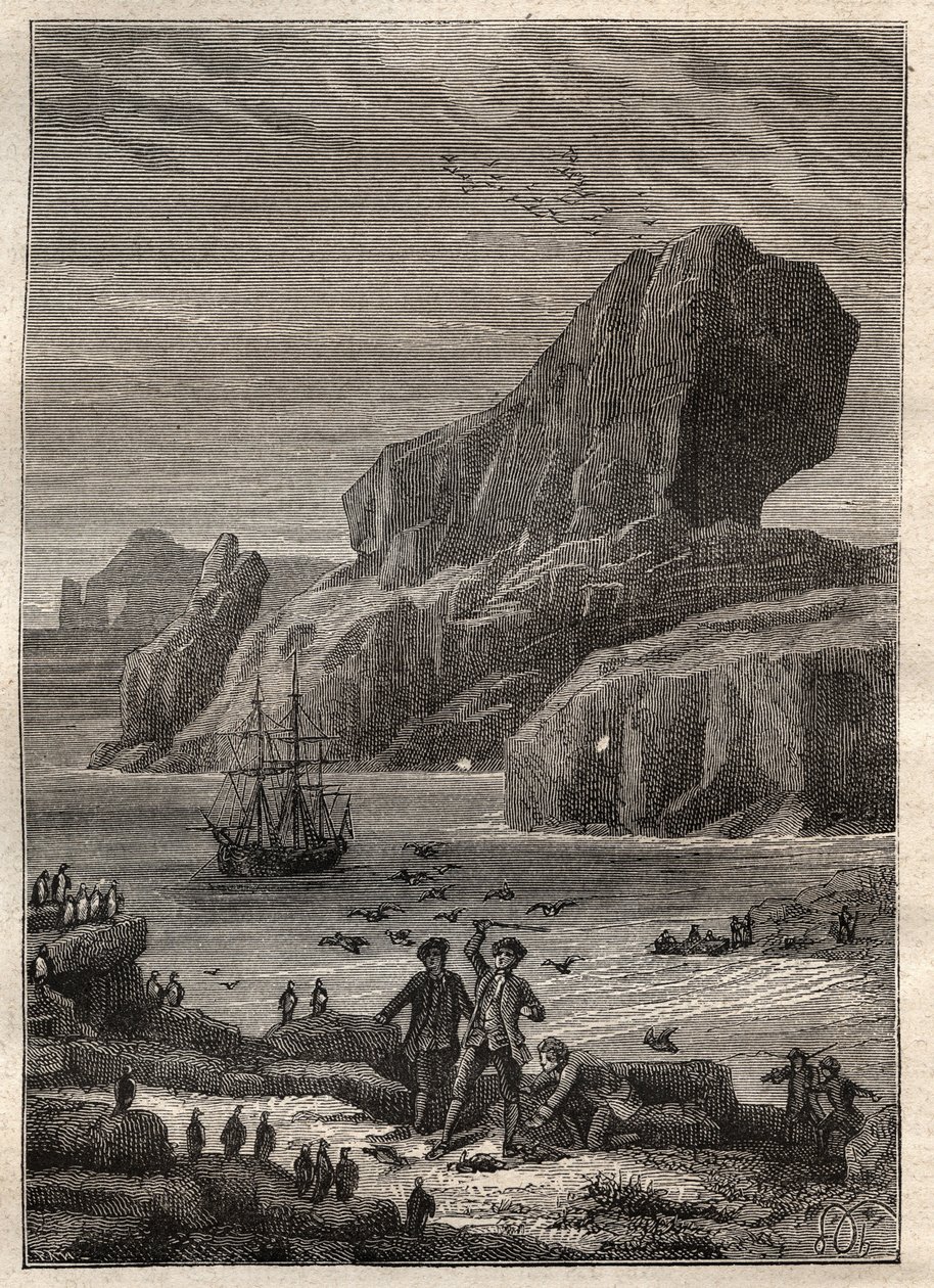 Tercer viaje (1776-1779) del Capitán James Cook (1728-1779): las islas de Kerguelen (archipiélago de Kerguelen, Antártida) - ilustración tomada de “Los Grandes Marineros del siglo XVIII” de Unknown artist
