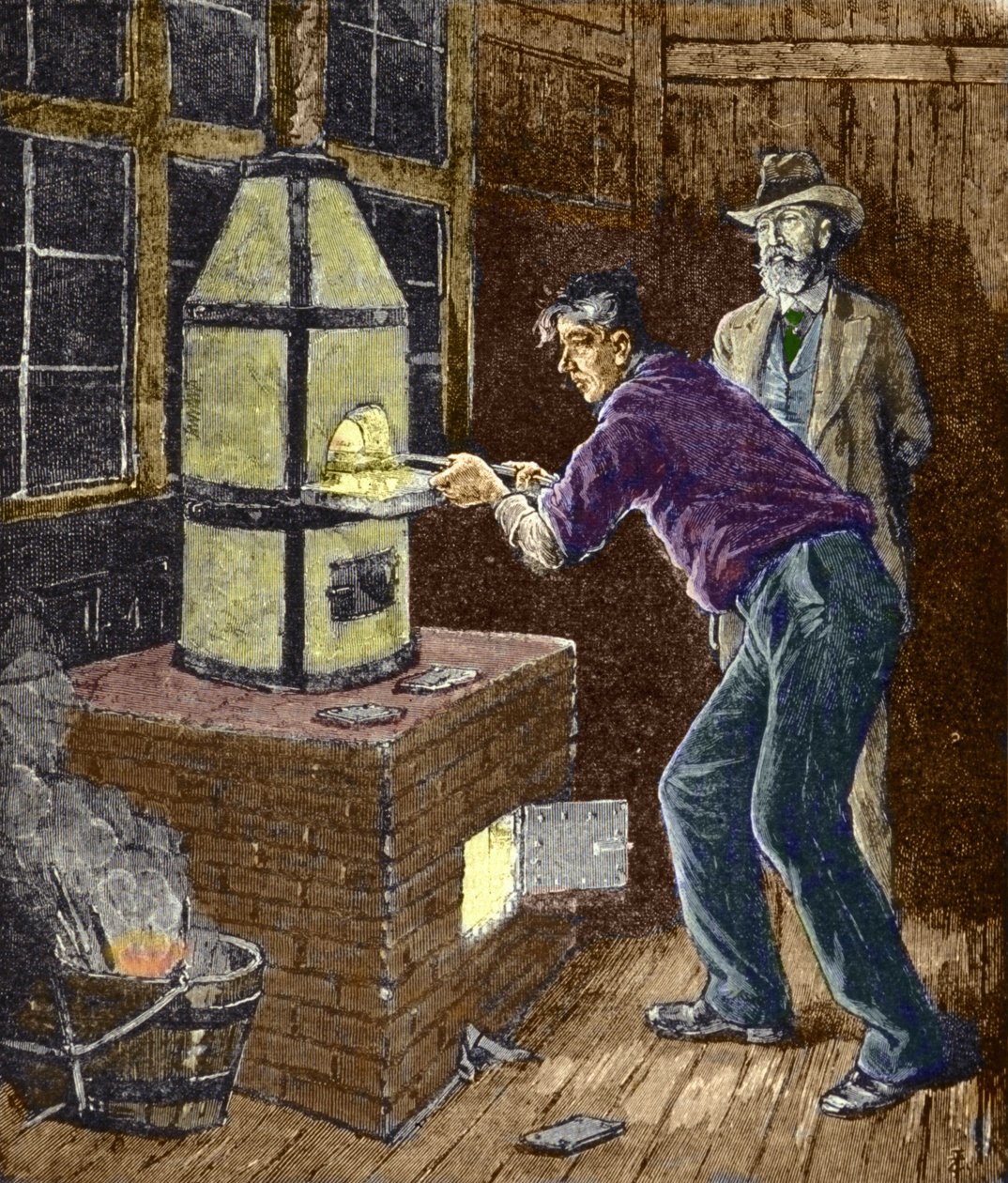 Thomas Edison experimenta alrededor de 1879 con papel carbón para la lámpara incandescente de Unknown artist