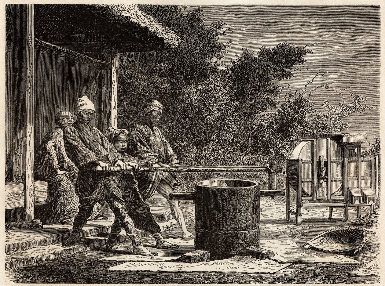 Tres campesinos operando el molino de arroz. Grabado para ilustrar el viaje a Japón en 1863-1864, por Aime Humbert, ministro de la Confederación Suiza, en “Le tour du monde, nouveau journal des voyages”, publicado bajo la dirección de Edouard Charton de Unknown artist