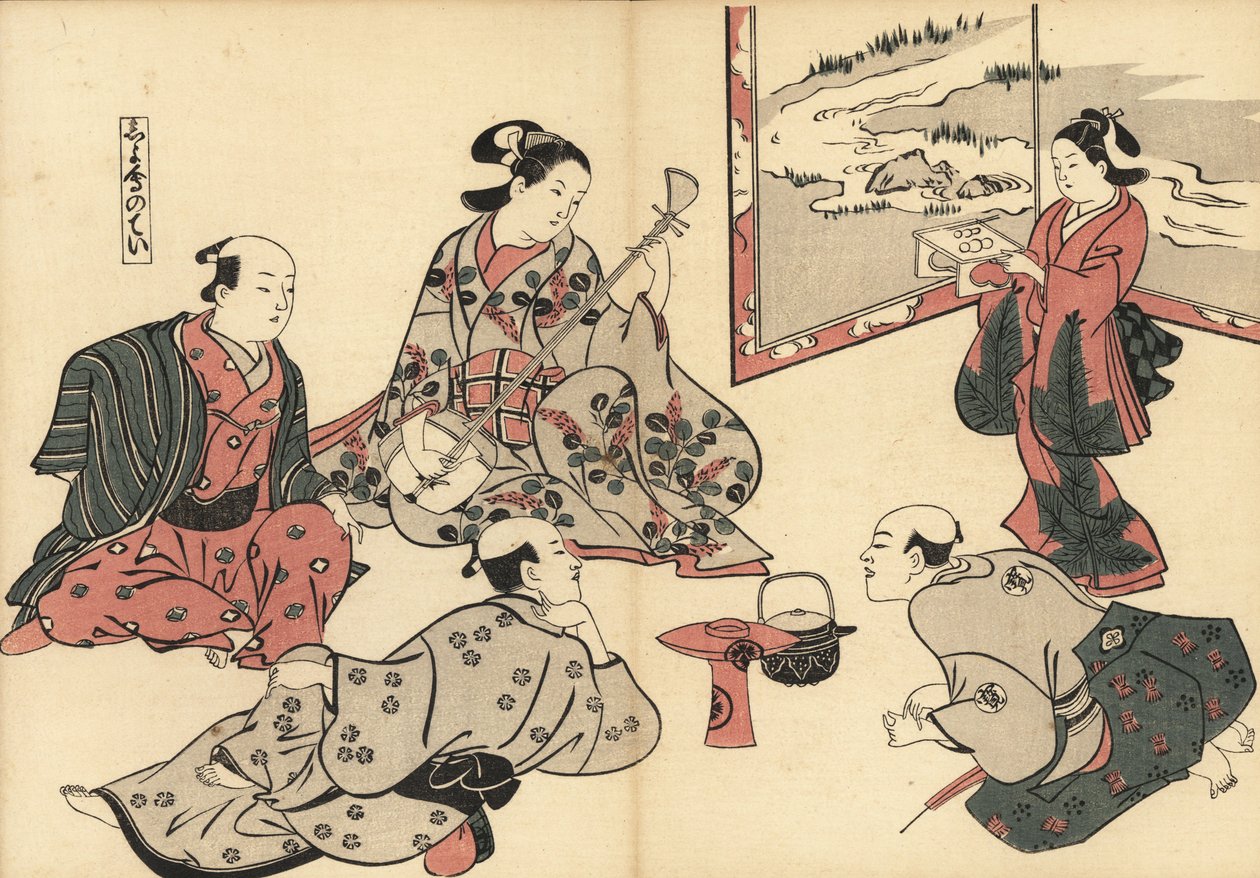 Tres samuráis escuchan a una cortesana tocar el shamisen, mientras un kamuro trae comida en una bandeja. Grabado xilográfico de Masanobu Okumura (1686-1764) de Fuzoku Emakimono, Picture Scroll of the Water Trade, Tokio, reimpresión de hacia 1880. de Unknown artist