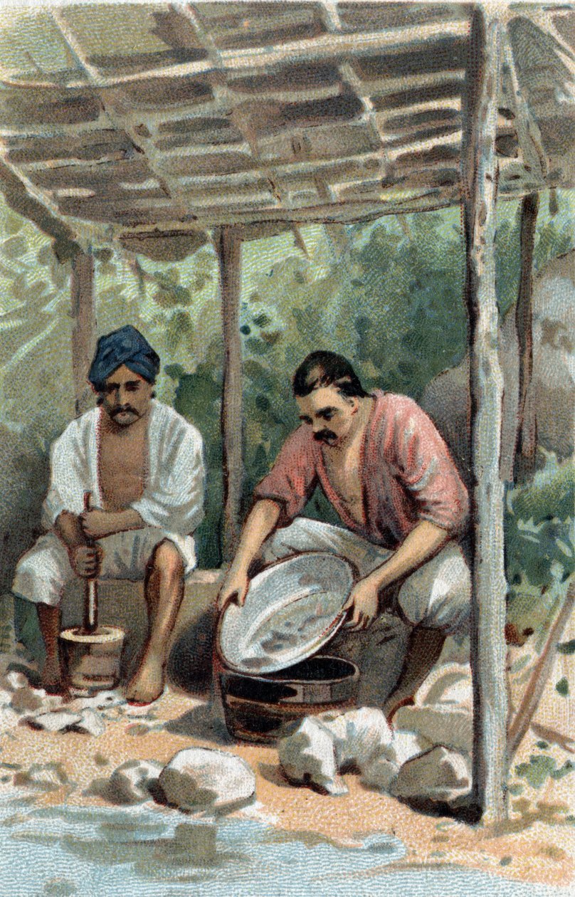 Lavadores de estaño en Malaca (Malaka), Malasia. Cromolitografía de finales del siglo XIX. de Unknown artist