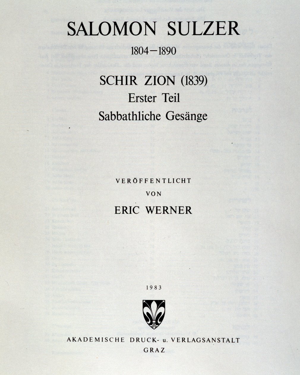 Página de título de Schir zion de Salomon Sulzer de Unknown artist