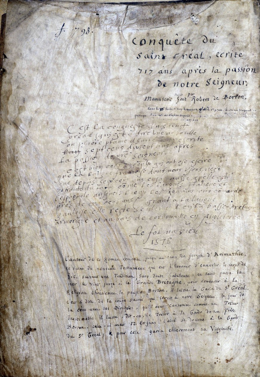 Página de título de un manuscrito: Conquista del Santo Grial, escrito 717 años después de la pasión de nuestro señor. Biblioteca municipal de Rennes, ms. 255 (Colección de novelas de la Mesa Redonda) de Unknown artist