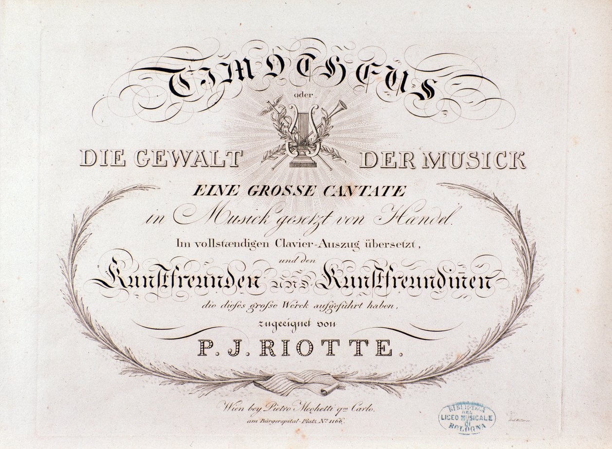 Página del título de la partitura de Timotheus de G F Handel (1812) de Unknown artist