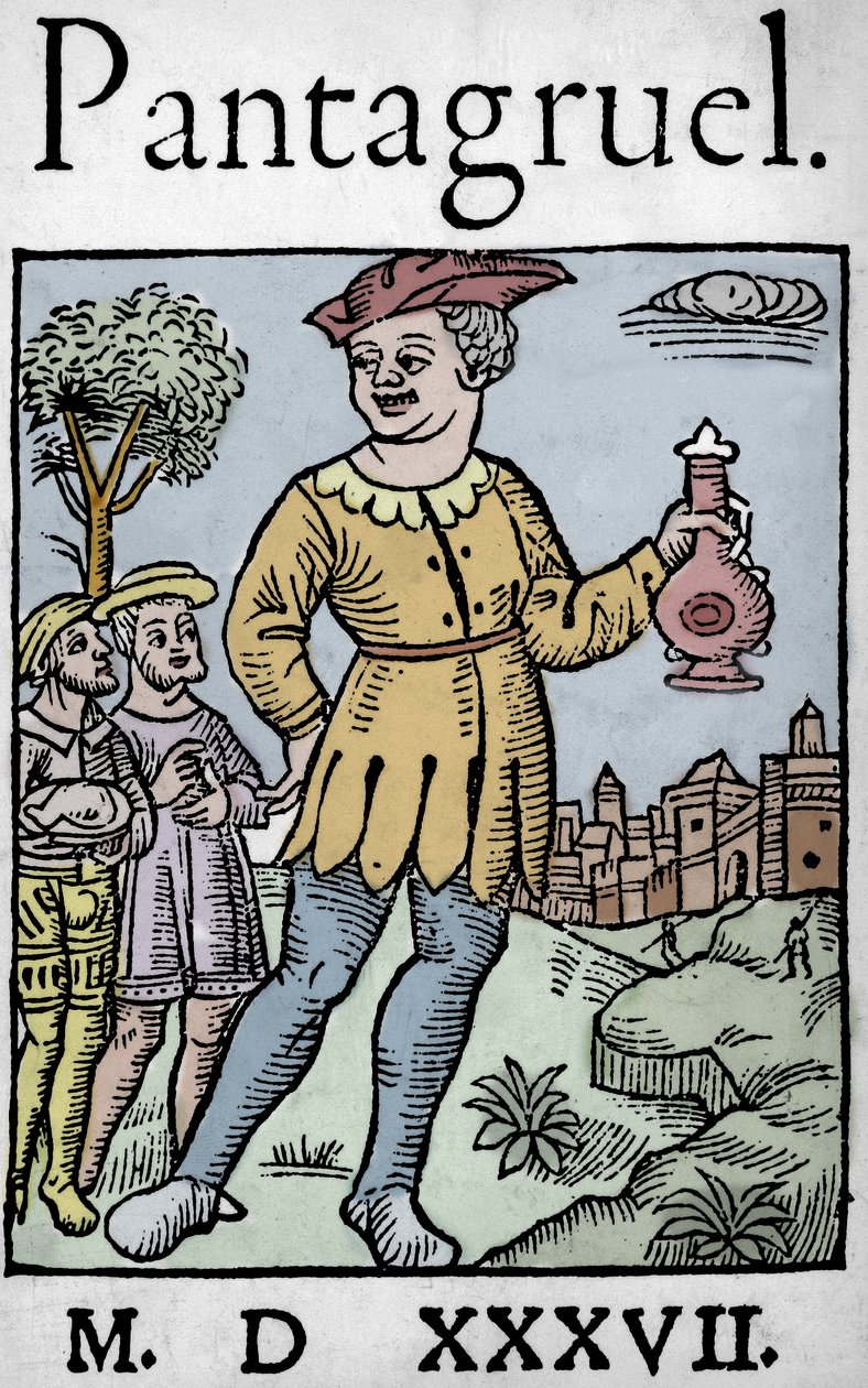Portada de la edición de 1537 de Pantagruel, de François Rabelais - El gigante Pantagruel y dos de sus apóstoles, de 
