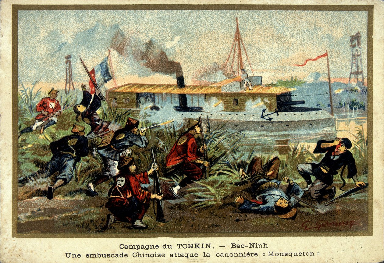 Campaña de Tonkín: en Bac-Ninh, una emboscada china ataca el barco cañonero "Carabiner" - cromo., finales del siglo XIX de Unknown artist
