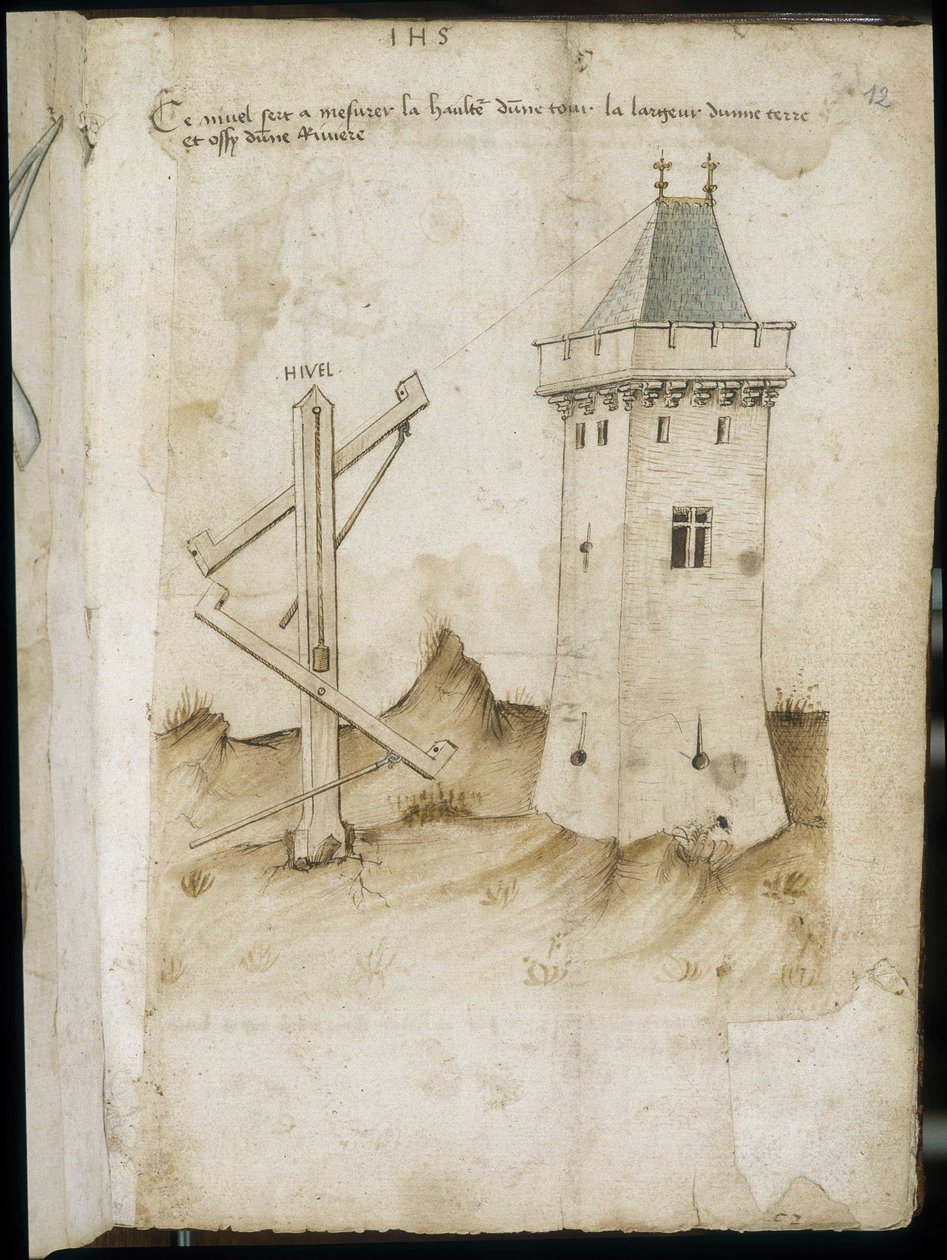 Máquina de medición de torres - Manuscrito: hoja de pergamino de un manual de ingeniero para la construcción de edificios civiles, religiosos y militares, anónimo, finales del siglo XV (figura en tinta china) de Unknown artist
