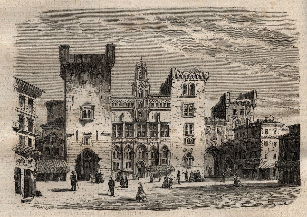 Ayuntamiento de Narbona - Languedoc-Rosellón-Mediodía-Pirineos - Francia - grabado en “Dictionnaire populaire illustrious” - 1864 - por Joseph Decembre y Edmond Allonier de Unknown artist