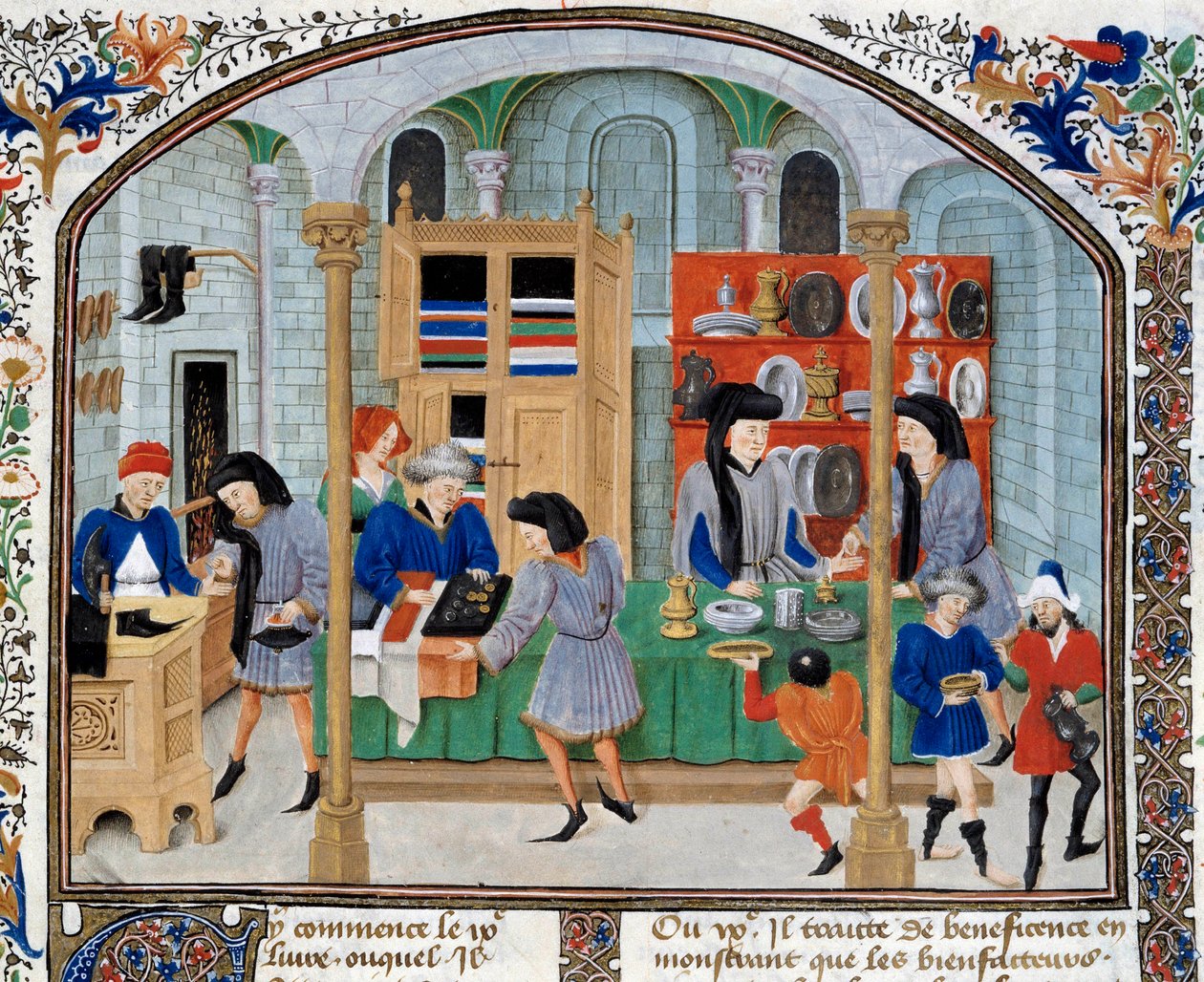 Escena de comercio: comerciantes en una tienda presentan vajillas y cubiertos de plata a sus clientes. Miniatura tomada de una edición de “Ética, Política y Economía” del filósofo griego Aristóteles (384-322 a.C.) de Unknown artist