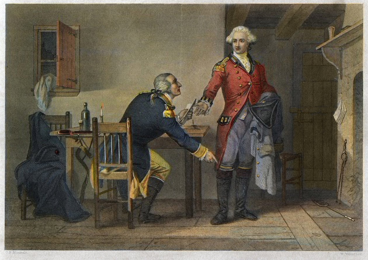 Traición de Arnold - Guerra de Independencia o Revolución Americana (1775-1783) - Benedict Arnold (1741-1801) logró convencer al Mayor John Andre (1750-1780) de ocultar los planes de West Point en su bota durante su reunión el 21 de septiembre de 1780. de Unknown artist
