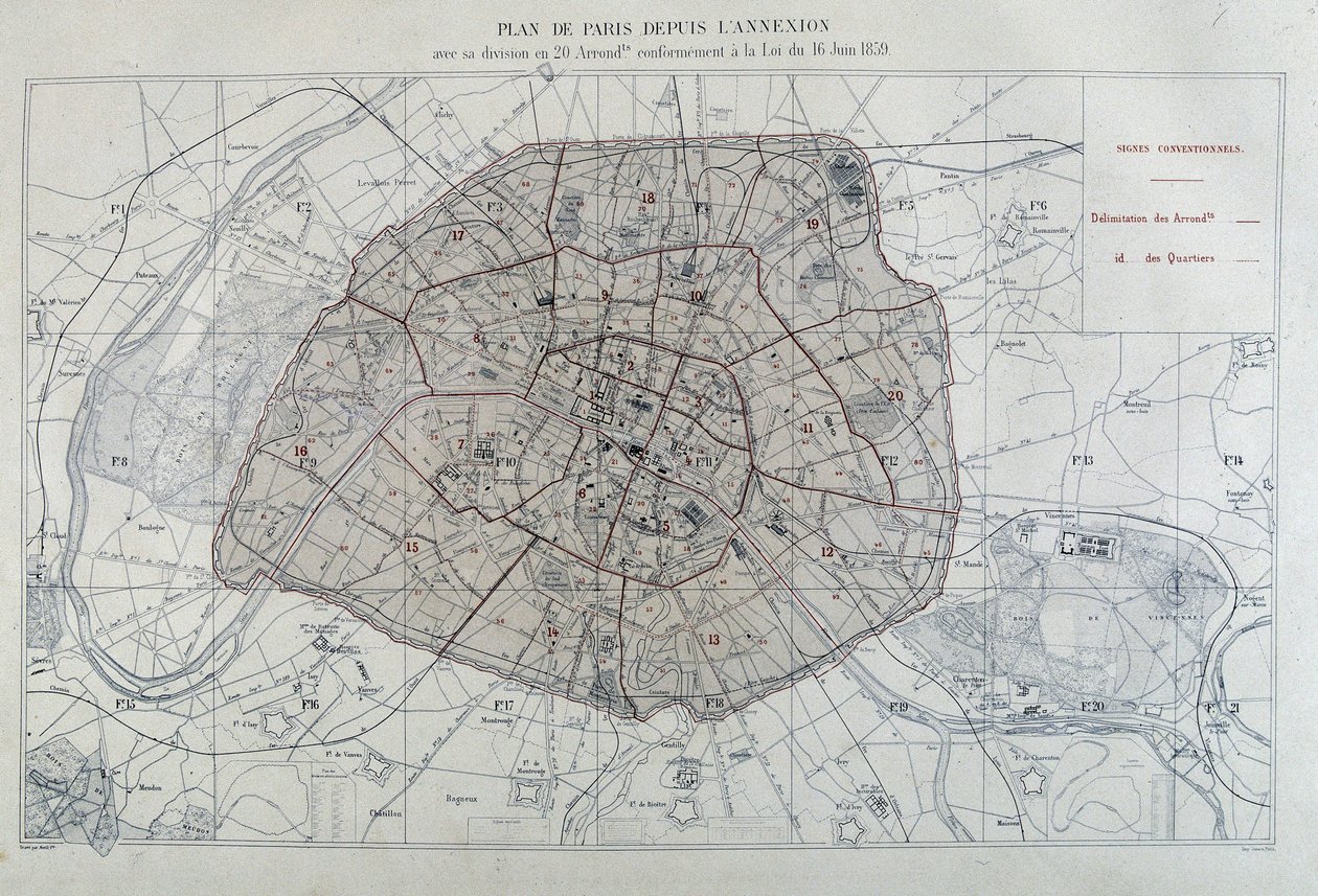 Transformaciones de París bajo el Segundo Imperio, Haussmann París. Plano de París desde la anexión con su división en 20 distritos, de acuerdo con la ley del 16 de junio de 1859 - en “Atlas administrativos de los distritos de la Ciudad de París” de Unknown artist