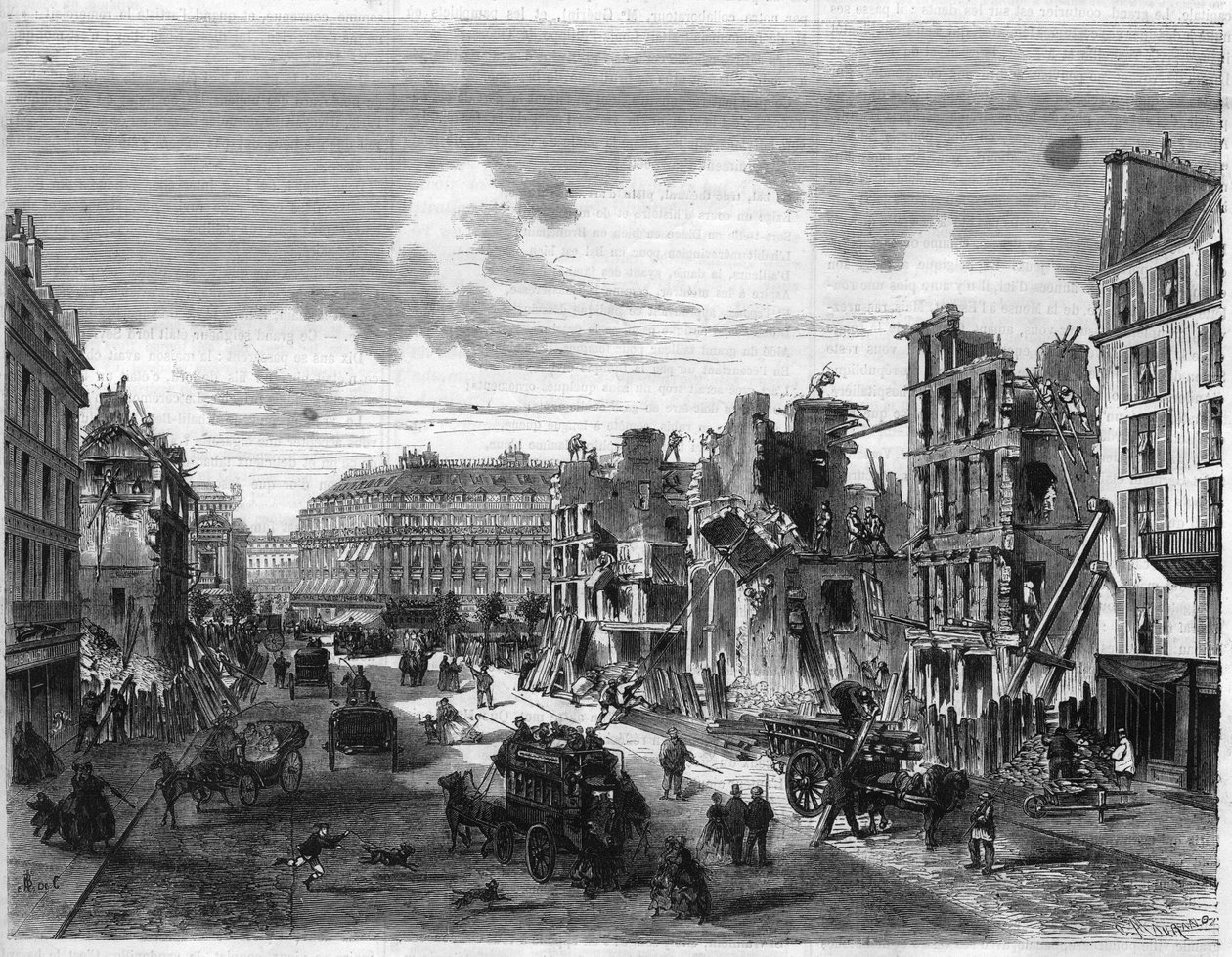 Transformaciones de París bajo el Segundo Imperio, París Haussmann (Boulevard, obras de Haussmann): demolición de la Rue de la Paix para la apertura de la Rue Réaumur. Grabado en “El Universo Ilustre” de Unknown artist