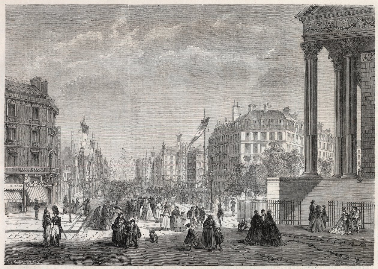 Transformaciones de París bajo el Segundo Imperio, París Haussmann: decoración del Boulevard Malesherbes, el día de su inauguración el 13 de agosto de 1861 - Grabado en "Le Monde Illustré" de Unknown artist