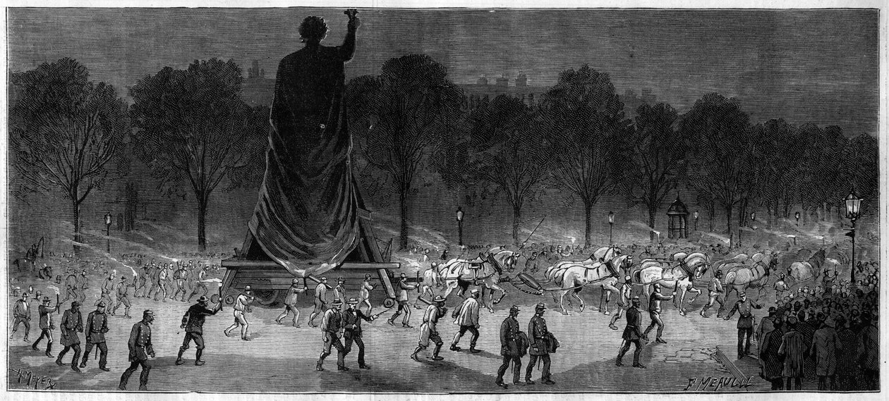 Traslado de la estatua de la República (Marianne en bronce, 9.50 m de altura), desde los talleres del Sr. Thiebaut a la Place de la Republique en París en 1883 de Unknown artist
