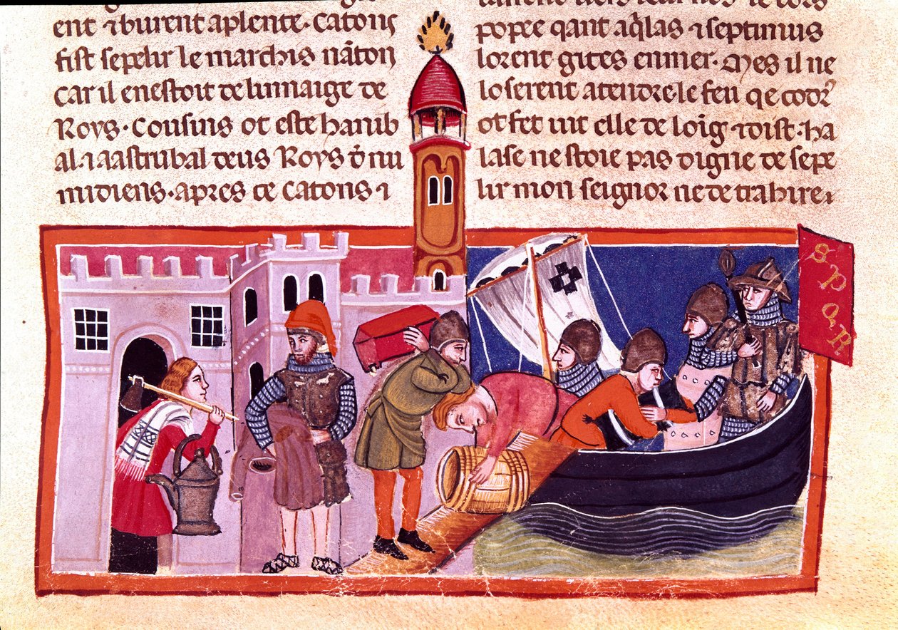Transporte de mercancías y alimentos por vía fluvial. Miniatura de un códice francés en pergamino “Los hechos de los romanos” que relata la historia antigua hasta Julio César (101 a.C.-44 a.C.). Siglo XIII, Venecia, Biblioteca Marciana de Unknown artist