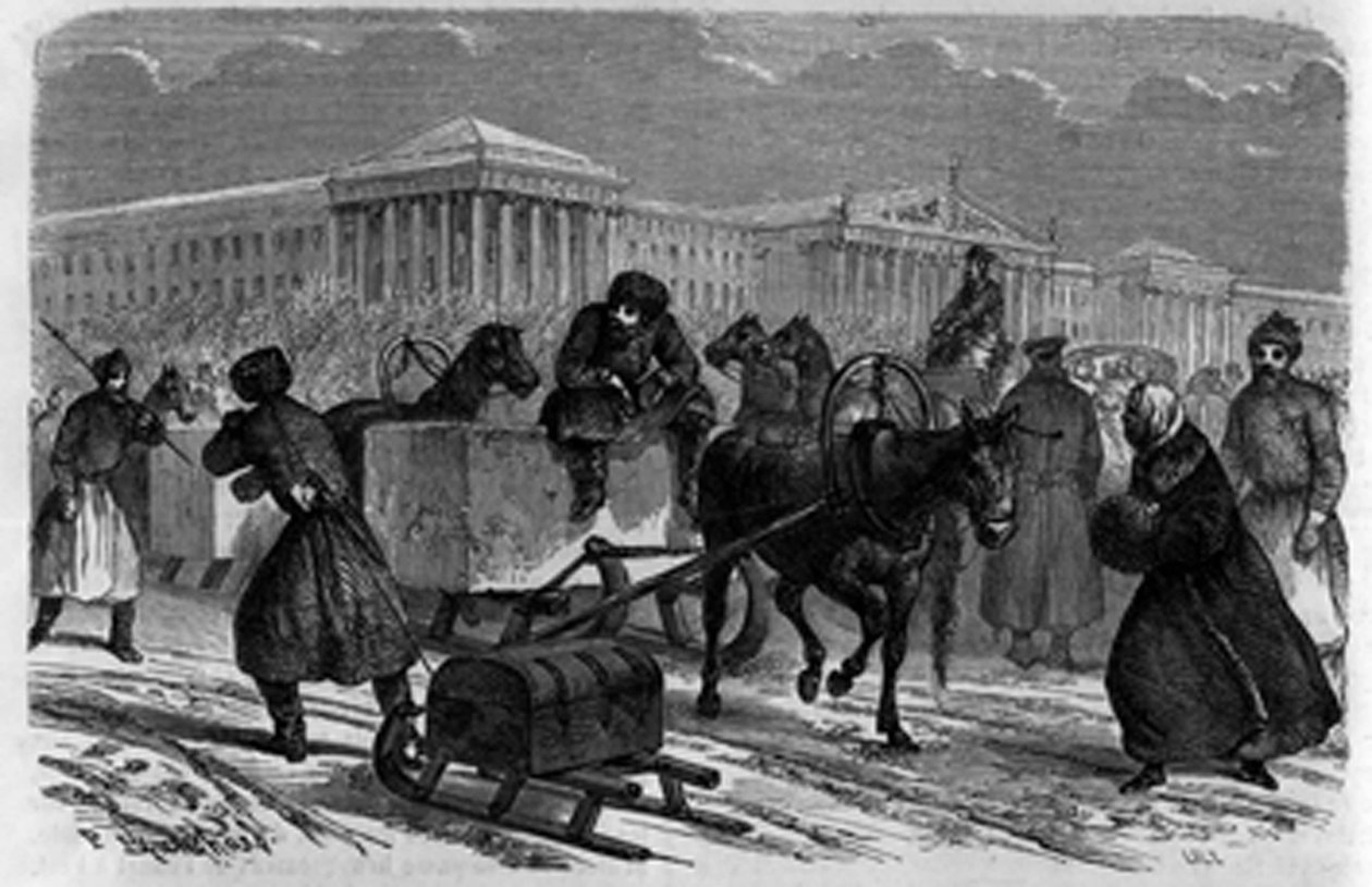 Transporte de hielo en San Petersburgo, Rusia. Grabado en “El diario de la juventud” de Unknown artist
