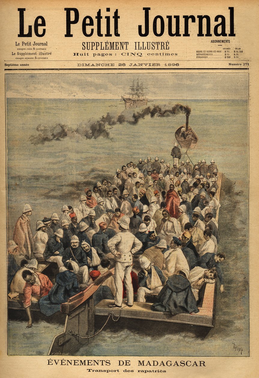 Transporte de heridos repatriados de Madagascar. Grabado en "Le petit journal" 26/01/1896. Colección Selva de Unknown artist