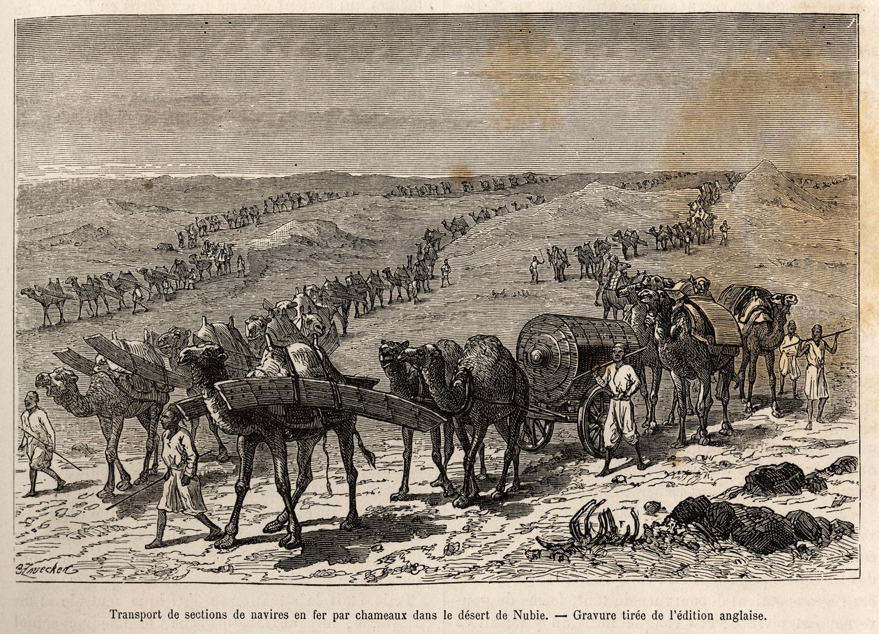 Transporte de secciones de barco de hierro por camellos, en el desierto de Nubia (Sudán), grabado ilustrando una expedición armada en África Central, para la supresión del comercio negro de Unknown artist