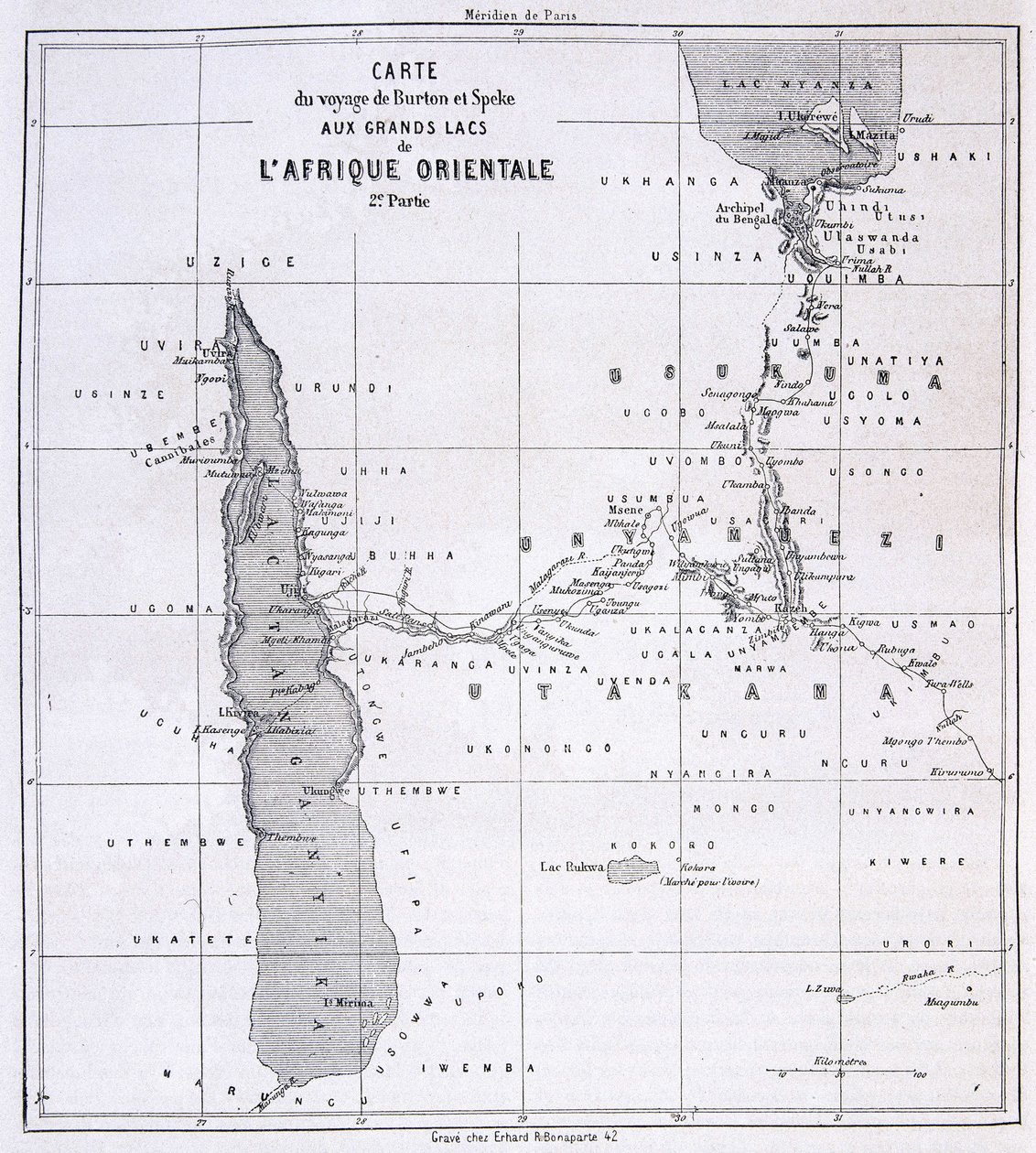 Mapa de viaje de Richard Francis Burton, explorador británico (1821-1890) y Speke a los Grandes Lagos de África Oriental 1857-59 - en Tour du Monde de Unknown artist