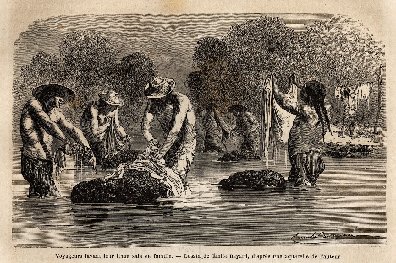Viajeros lavando su ropa sucia en el río, junto con peones bolivianos, en las cercanías de Maniri (Bajo Perú). Grabado para ilustrar el viaje en los valles de Quinquinas, por Paul Marcoy, en 1849-1861, publicado en “Le tour du monde” 1869. de Unknown artist