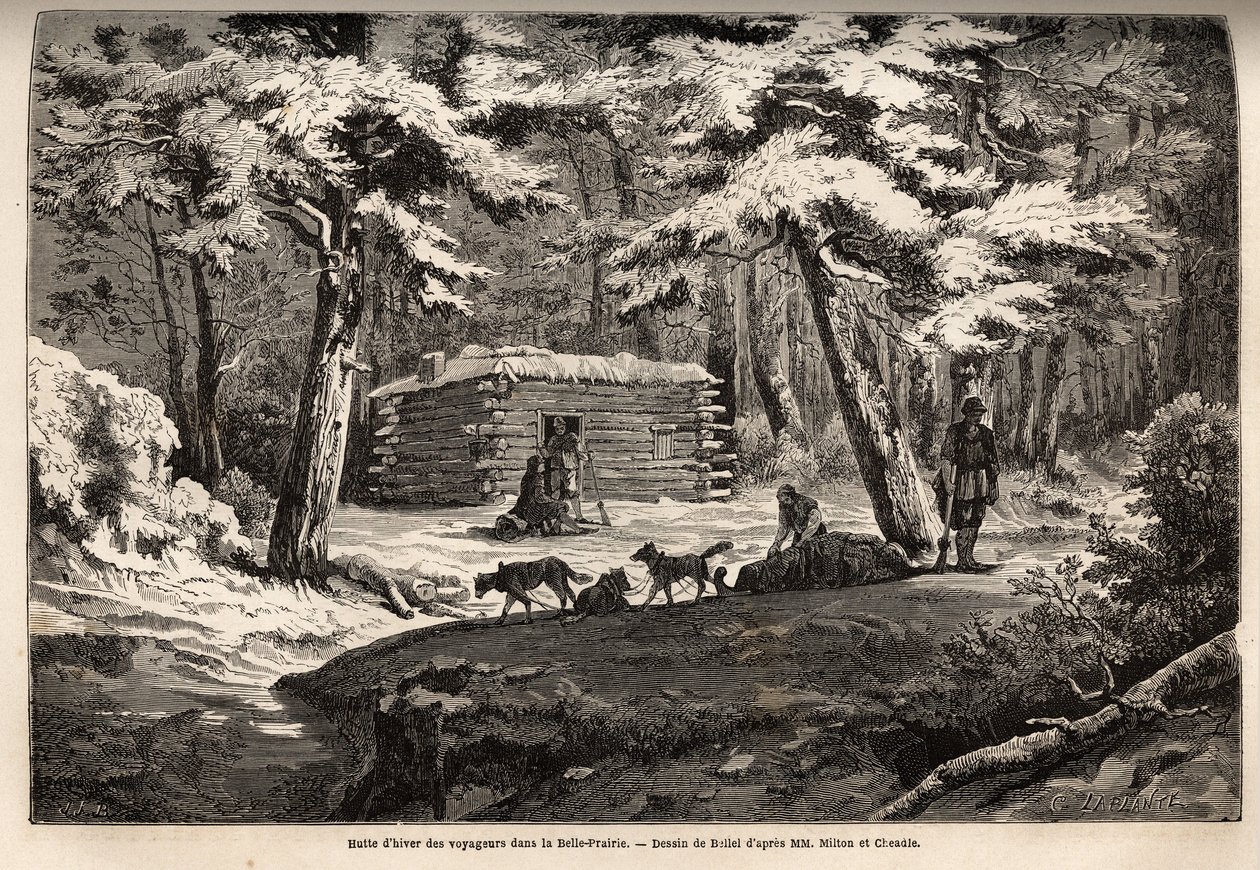 Cabaña de invierno del viajero en el hermoso prado (Canadá), refugio para tramperos y sus trineos. Grabado para ilustrar el viaje del Atlántico al Pacífico (ruta del noroeste por tierra), en 1862-1864 por el Vizconde Milton y el Doctor Cheadle, en "Le tour de Unknown artist