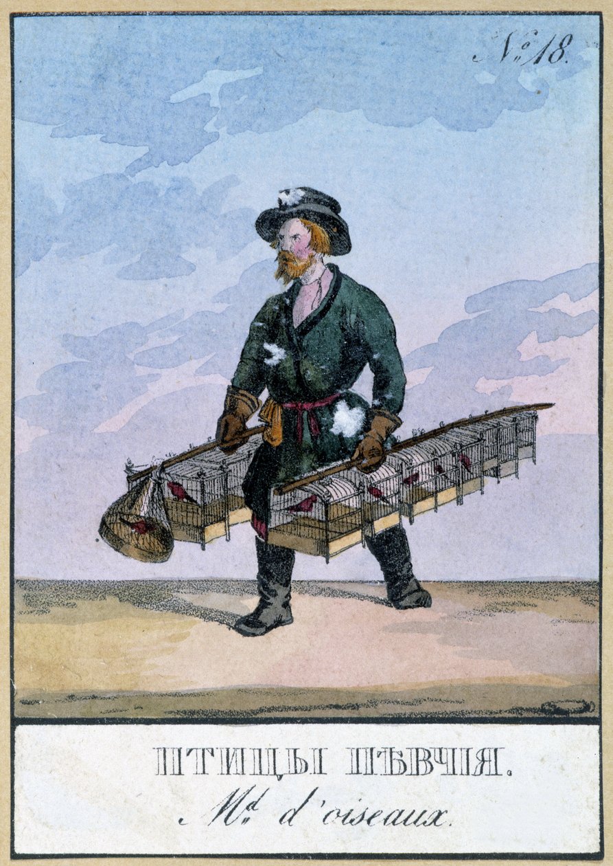Vendedor ambulante de pájaros - Grabado del siglo XIX de Unknown artist
