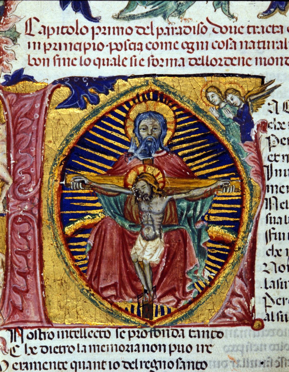 Trinidad (la paloma del Espíritu Santo se ve en la barba del Padre). Códice iluminado de Unknown artist