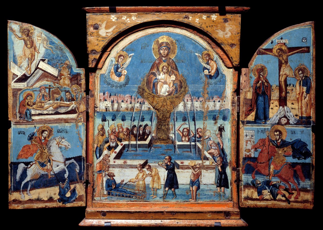 Tríptico de la Virgen, fuente de vida. Panel central: la Virgen cruza sobre una fuente milagrosa de agua. A la izquierda, la resurrección y deposición. Abajo un caballero (San Jorge) derribando un dragón. A la derecha, la crucifixión y un caballero de Unknown artist