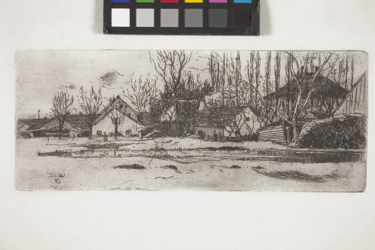 Tümpel Vor Dem Dorf Mit Pappelallee (Piscina frente a un pueblo con una alameda de álamos) (aguafuerte) de Unknown artist