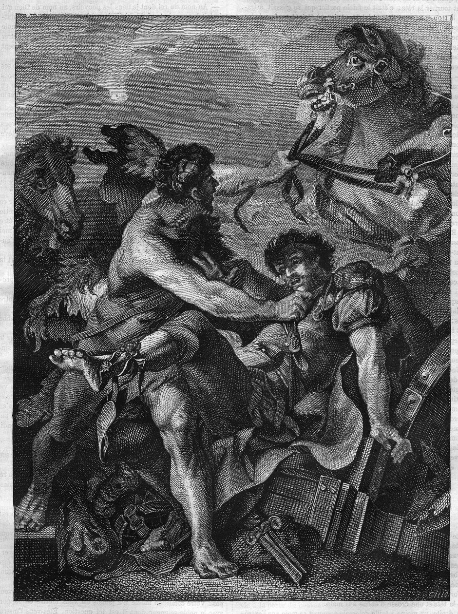 Doce trabajos de Hércules: Diomedes asesinado por Hércules y devorado por sus propios caballos. Grabado después de la pintura de Jean-Baptiste-Marie Peter. de Unknown artist