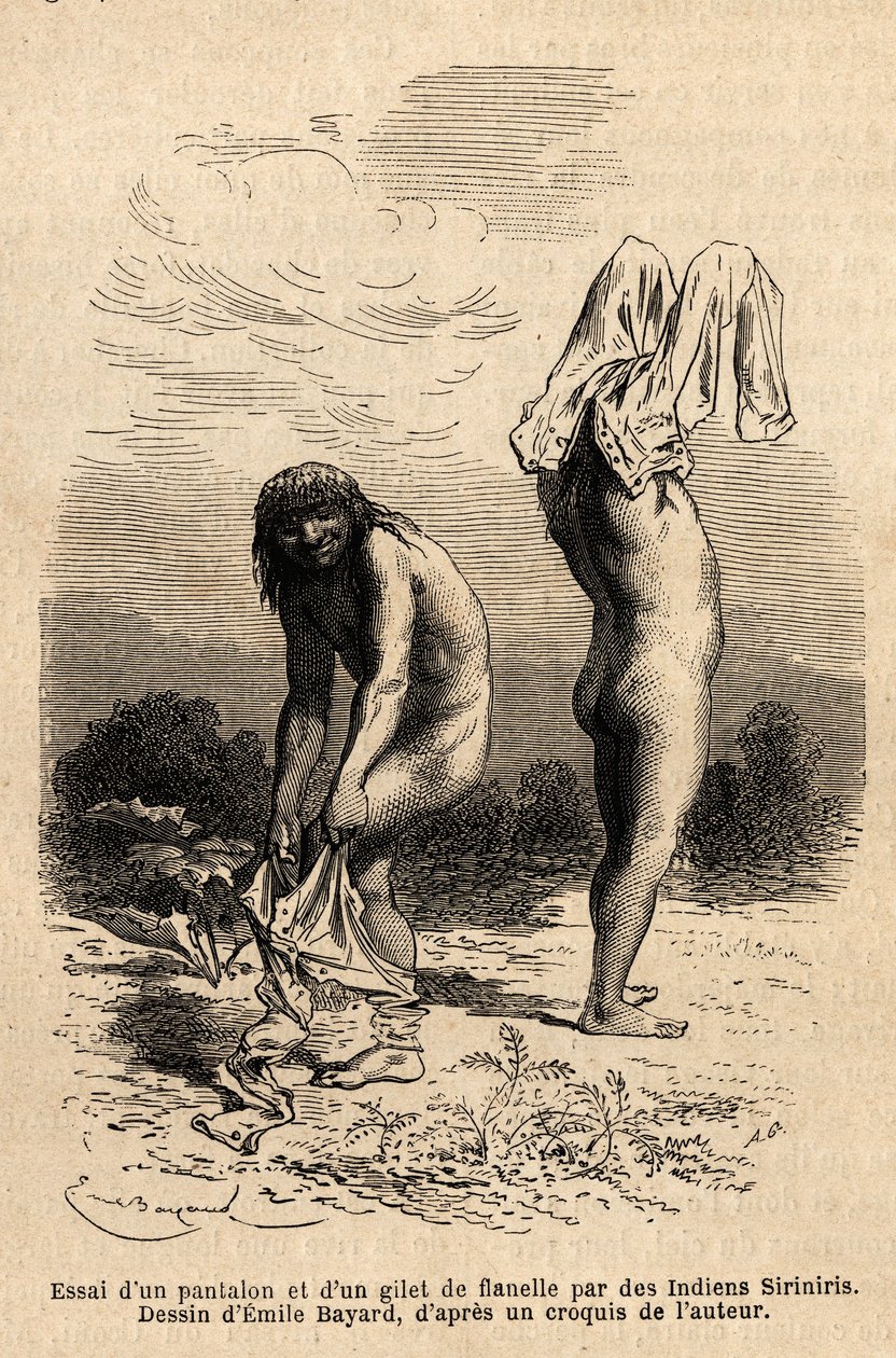 Dos indios Siriniris intentan ponerse pantalones y chaleco. Grabado para ilustrar el viaje en los valles de Quinquinas (Perú), por Paul Marcoy de Unknown artist