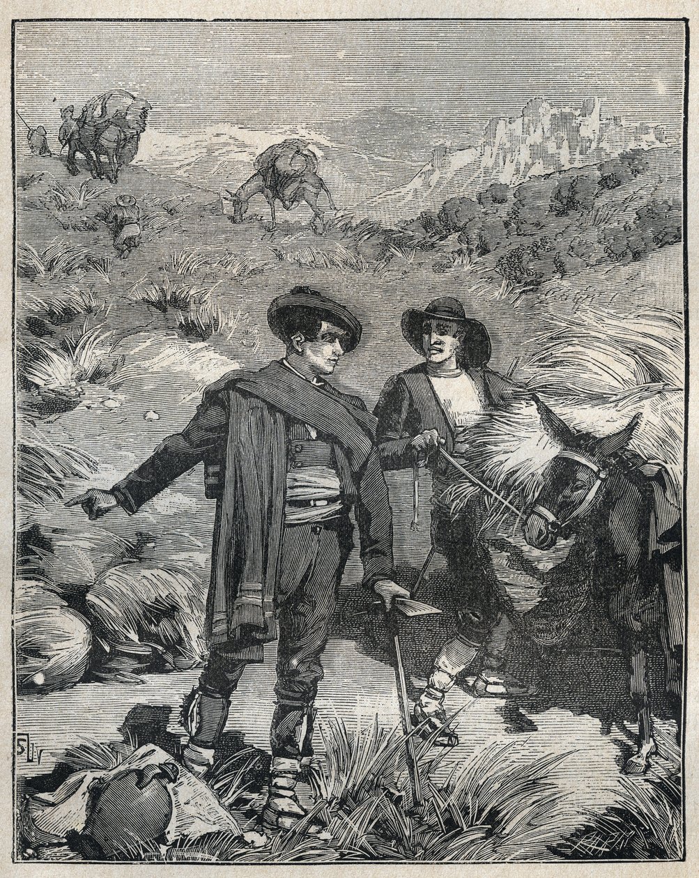 Dos campesinos de la Sierra Almagrera en España descubrieron el depósito de plata de Jaroso en 1838. Grabado de 1885 en “Les arts et metiers illustres” por Adolphe BITARD. de Unknown artist