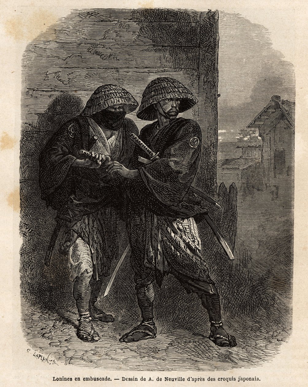 Dos ronins (samuráis que han perdido a su maestro) en emboscada. Grabado para ilustrar el viaje a Japón en 1863-1864, por Aime Humbert, ministro de la Confederación Suiza, en “Le tour du monde, nouveau journal des voyages” publicado bajo la dirección de Ed de Unknown artist