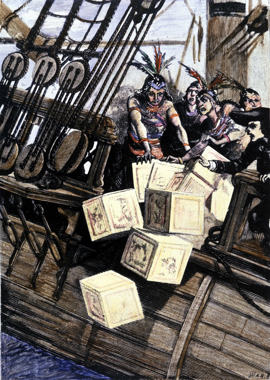 Guerra de Independencia de EE.UU.: revuelta de los colonos americanos (de origen británico) contra los impuestos impuestos por el Parlamento inglés sobre el té y otros alimentos. Se disfrazan de indios y arrojan la carga de té al mar después de entrar en c de Unknown artist