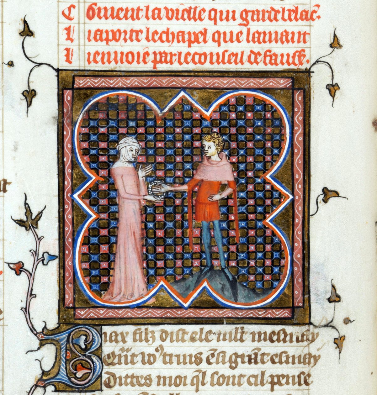 ""Un hombre joven y una anciana"" Página iluminada del manuscrito ""Le Roman de la Rose"" de Guillaume de Lorris (hacia 1200-1238) y Jean de Meun (Meung) (1240-1305) hacia 1353 Suiza Biblioteca de Ginebra de Unknown artist
