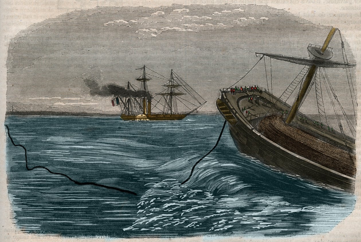 Líneas telegráficas submarinas: La colocación de un cable submarino - Grabado de 1857 de Unknown artist