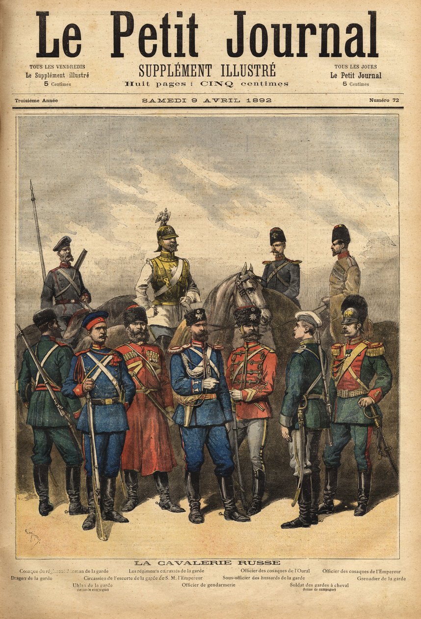 Uniformes de la caballería rusa, aliada de Francia, a caballo de izquierda a derecha: cosaco del Regimiento de la Guardia, el regimiento de acorazados de la Guardia, oficial de los cosacos de los Urales y oficial de los cosacos del Emperador. En primer pla de Unknown artist