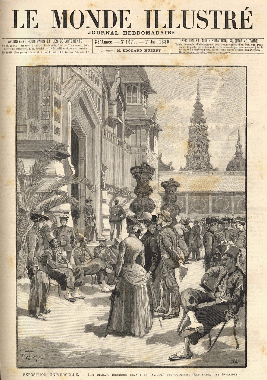Exposición Universal 1889 - Soldados indígenas frente al Pabellón Colonial (Esplanade des Invalides). Portada de "Le Monde Illustré" del 01/06/1889. de Unknown artist