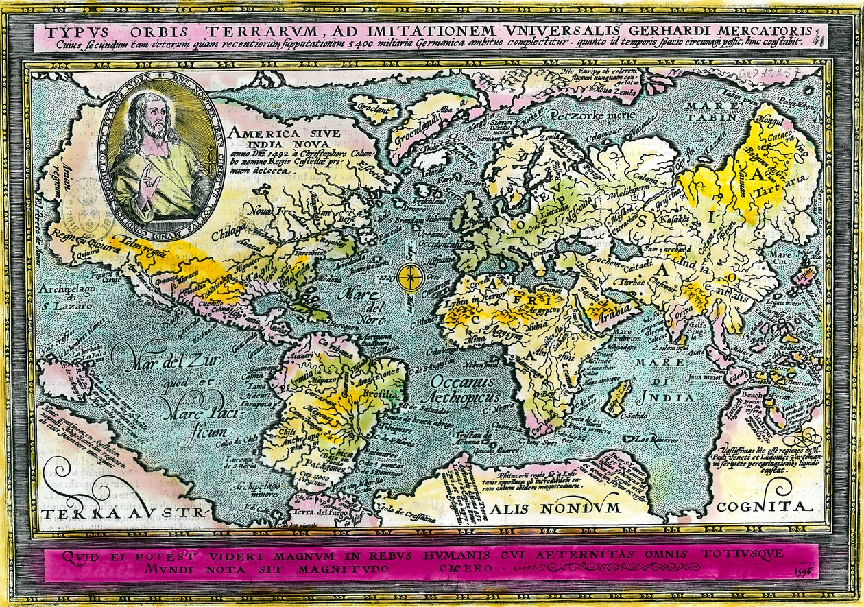 Mapa geográfico universal (Mapa del mundo) de 1596. Grabado. Colección privada. de Unknown artist
