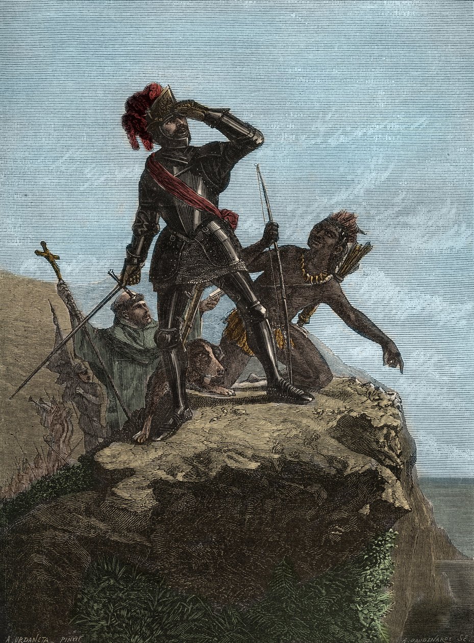 VASCO NÚÑEZ de BALBOA (1475-1519) - explorador español - Balboa descubriendo el Océano Pacífico en 1513 - Conquista del Oeste: Descubrimiento del Océano Pacífico por Vasco Núñez de Balboa en 1513 - grabado después de la pintura de Mr Urdaneta de Unknown artist