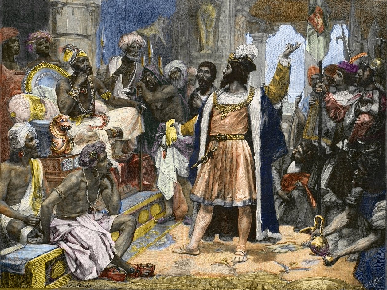 Vasco da Gama entrega la carta del Rey Manuel de Portugal al Samorim de Calicut - después de una pintura, c. de Unknown artist
