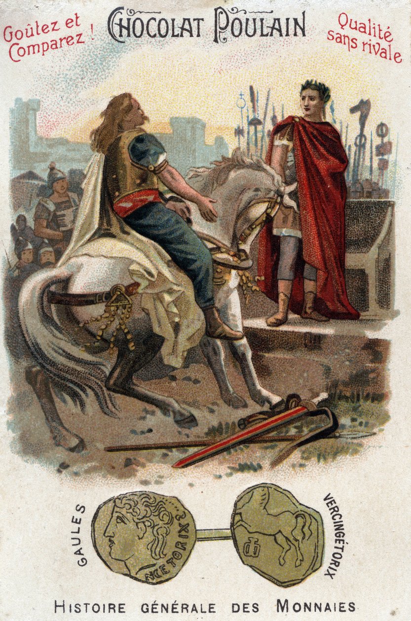 Vercingétorix (72-46 a.C.), líder de la rebelión gala, deposita las armas a los pies de César (100-44 a.C.), tras perder definitivamente la ciudad de Alesia. En Historia General de las Monedas - Cromolitografía de Chocolate-Foal de finales del siglo XIX -  de Unknown artist