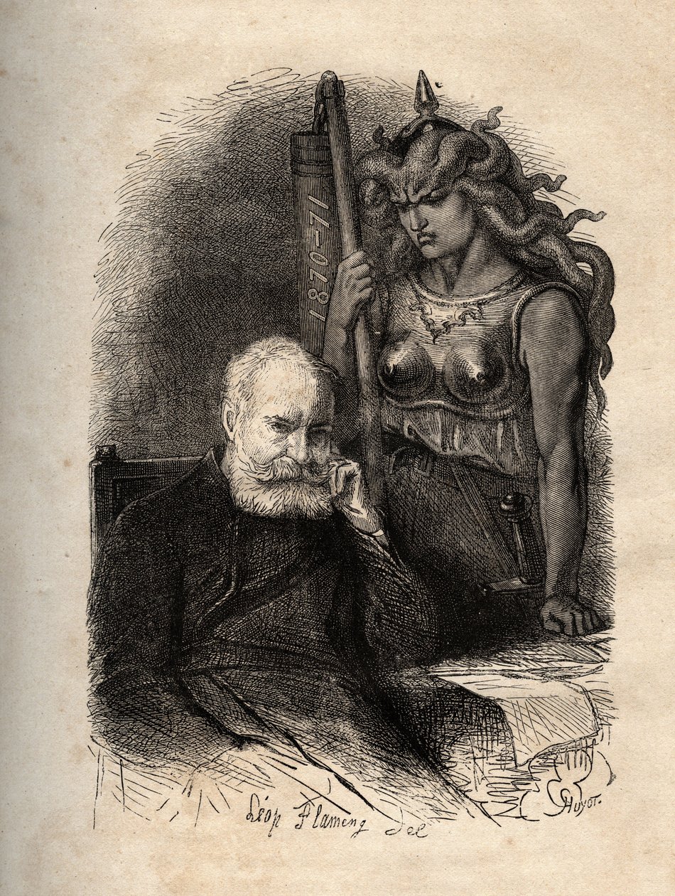 Victor Hugo sentado con una diosa de la guerra - grabado de "El Año Terrible", una serie de poemas que tratan sobre el Sitio y el trauma de perder a su hijo - Victor Hugo, atormentado por la diosa de la guerra grabado en "El Año Terrible" de Unknown artist