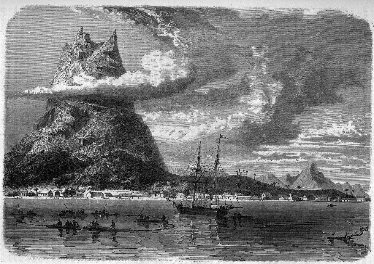 Vista de Bora Bora (Bora-Bora) en Polinesia a finales del siglo XIX en "El Diario de la Juventud" de 1888. de Unknown artist