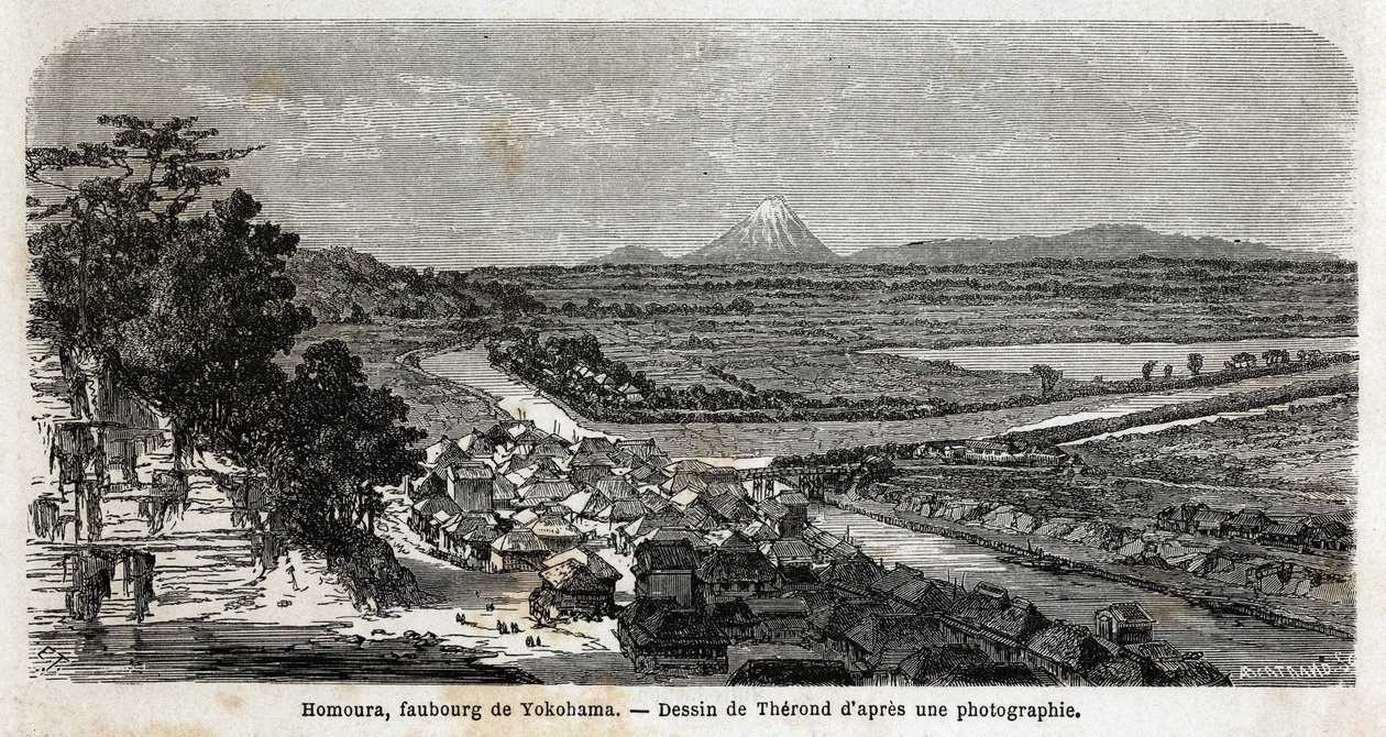Vista de Homoura, suburbio de Yokohama, con el Monte Fuji al fondo. Grabado para ilustrar el viaje a Japón en 1863-1864, por Aime Humbert, ministro de la Confederación Suiza, en 
