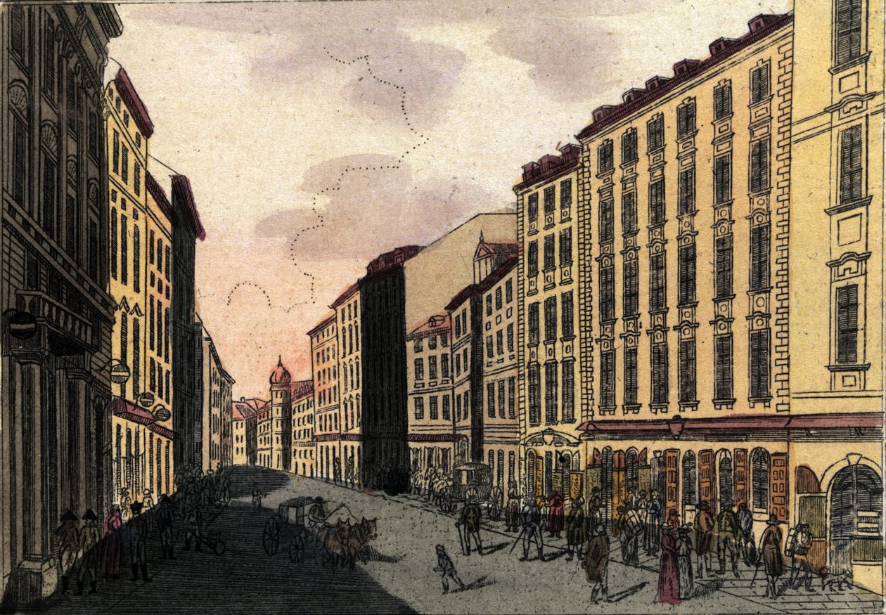 Vista de la calle Kohlmarkt en Viena, Austria. Grabado de 1820. de Unknown artist