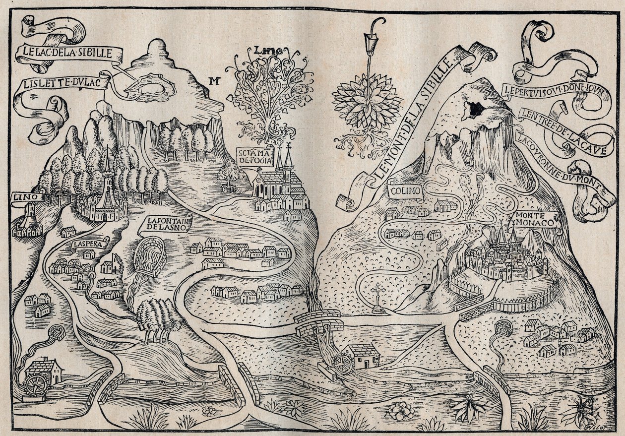 Vista del Monte Sibille (Paraíso de la Reina Sibila) (Mapa doble del Monte Pilato y el Monte Sibila) - Antoine de La Sale, escritor satírico francés del siglo XV de Unknown artist